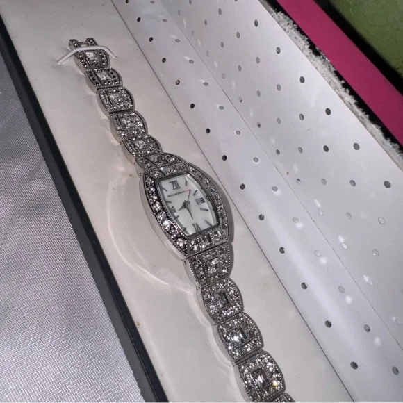 NIB Silver Rhinestone Diamond-Accented Watch